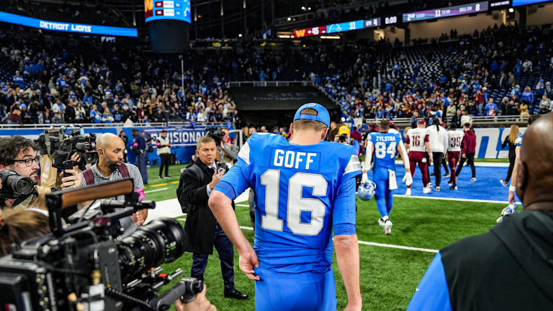 Detroit Lions quarterback Jared Goff walks off the field after losing to the Washington Commanders 45-31 in the NFC divisional round of the NFL playoffs at Ford Field in Detroit, Saturday, Jan. 18, 2025.
