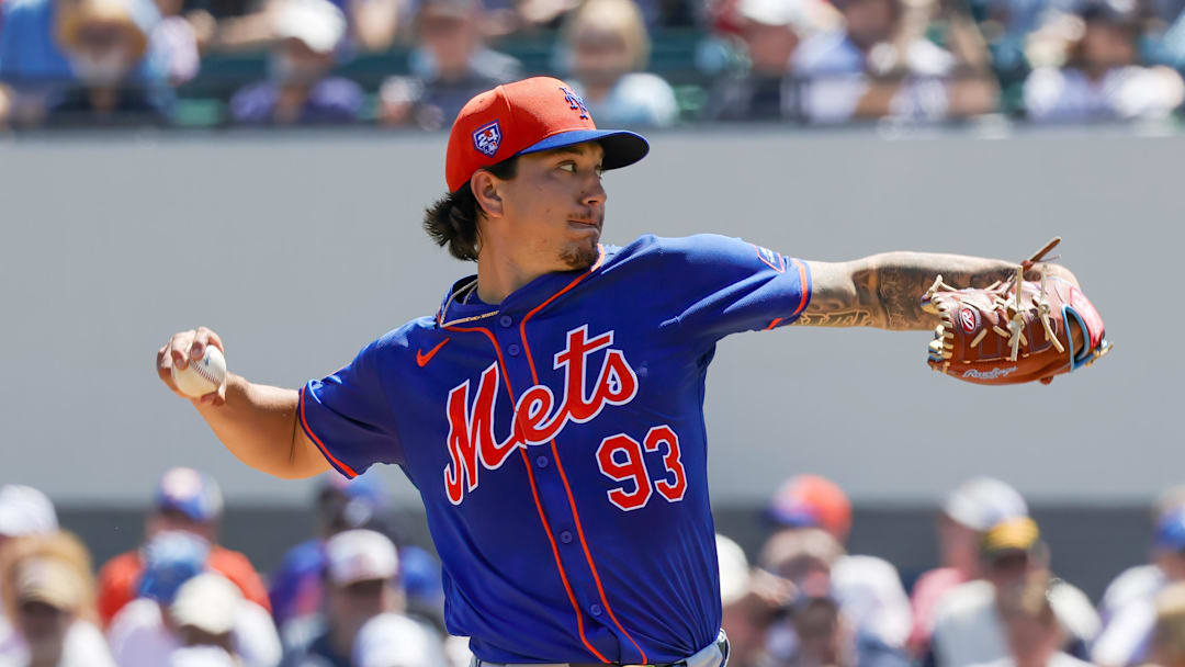 Mar 21, 2024; Lakeland, Florida, USA; New York Mets pitcher Dominic Hamel (93) pitches during the first inning against the Detroit Tigers at Publix Field at Joker Marchant Stadium. Mandatory Credit: Mike Watters-Imagn Images