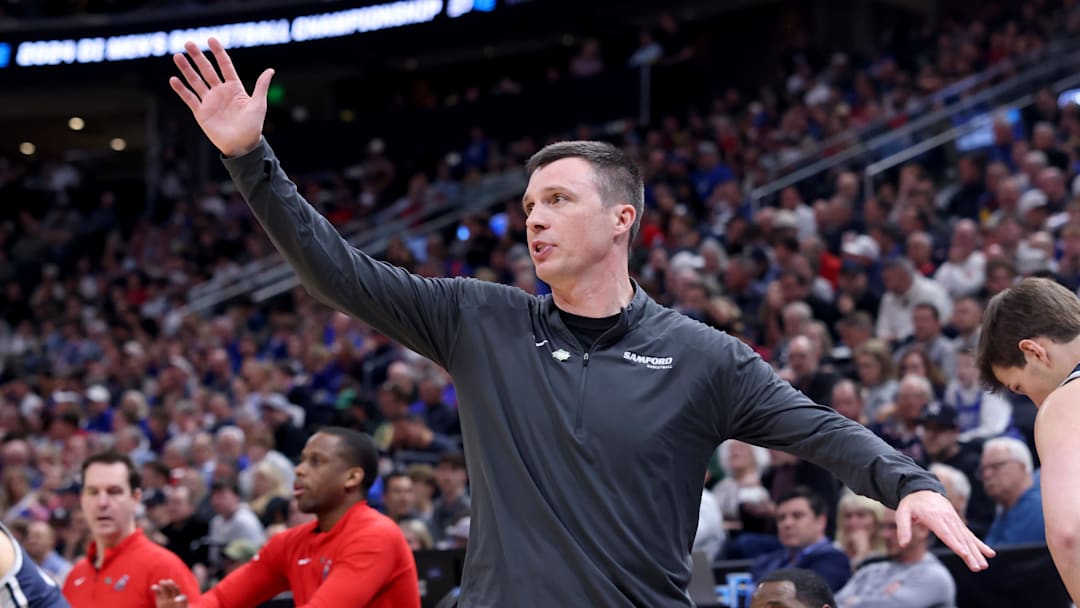 Mar 21, 2024; Salt Lake City, UT, USA; Samford Bulldogs head coach Bucky McMillan during the first half in the first round of the 2024 NCAA Tournament against the Samford Bulldogs at Vivint Smart Home Arena-Delta Center. Mandatory Credit: Rob Gray-Imagn Images