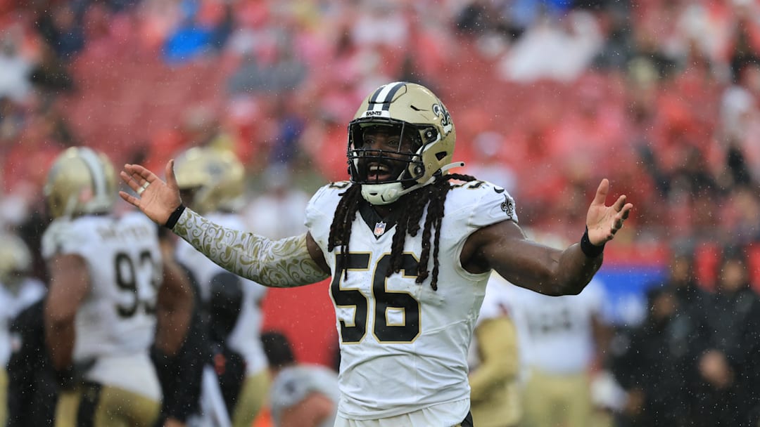 Dec 7, 2025; Tampa, Florida, USA; New Orleans Saints linebacker Demario Davis (56) reacts after a tackle during the second quarter against the Tampa Bay Buccaneers at Raymond James Stadium. Mandatory Credit: Kim Klement Neitzel-Imagn Images