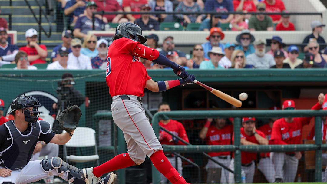 Boston Red Sox third baseman Marcelo Mayer (39) hits a three run home run during the fifth inning against the Detroit Tigers at Publix Field at Joker Marchant Stadium on Feb 27.