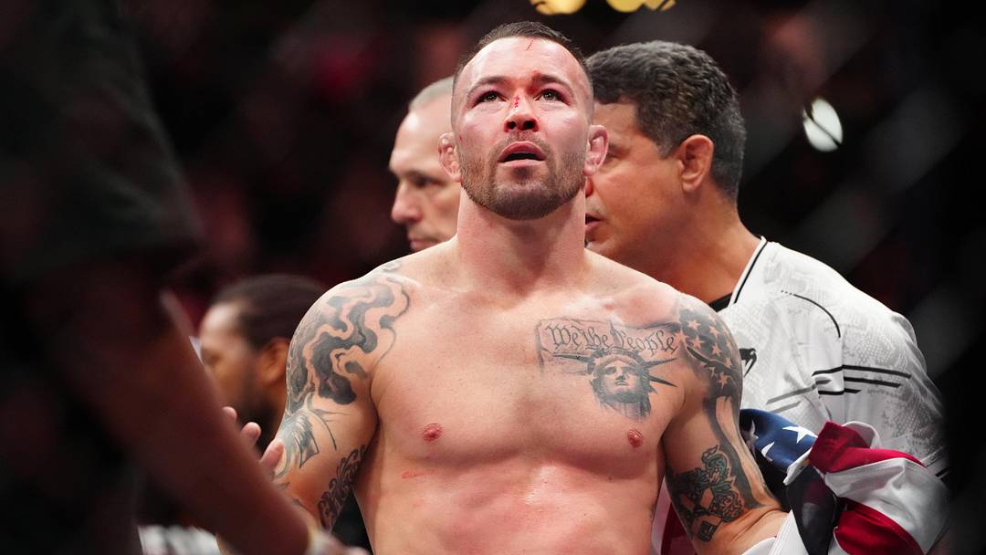Dec 16, 2023; Las Vegas, Nevada, USA; Colby Covington reacts after losing to Leon Edwards (not pictured) during UFC 296 at T-Mobile Arena. Mandatory Credit: Stephen R. Sylvanie-Imagn Images