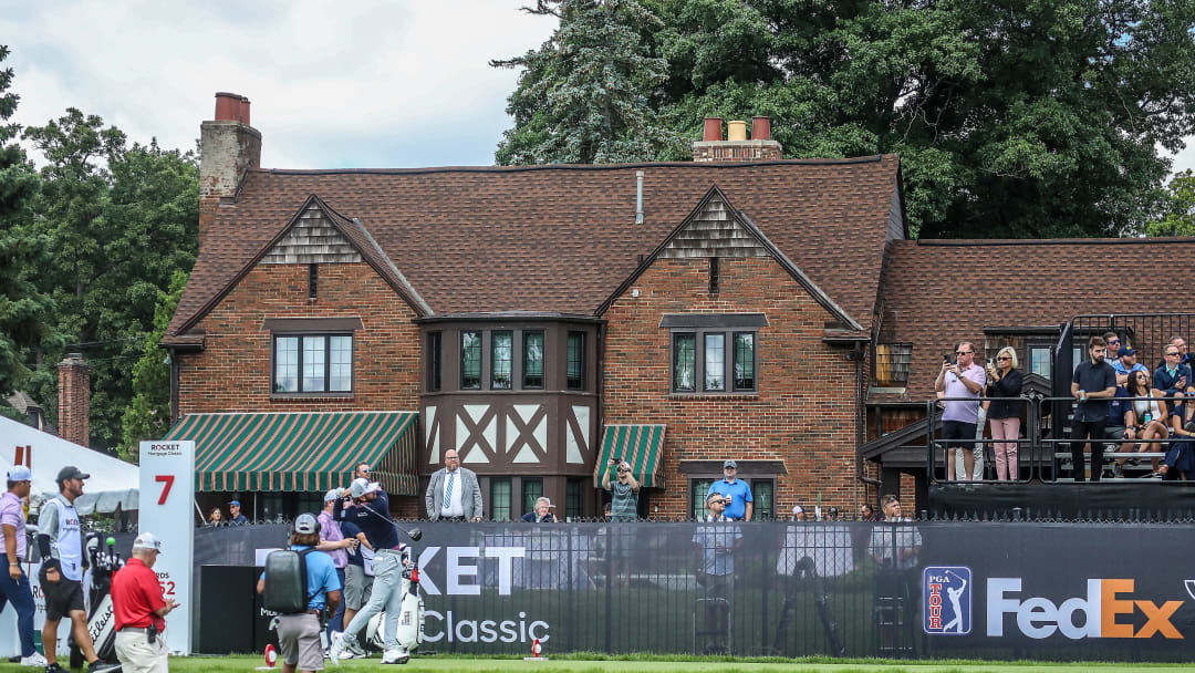 Fans watch Cameron Young tee off on the 7th hole at the Rocket Mortgage Classic at the Detroit Golf Club.
