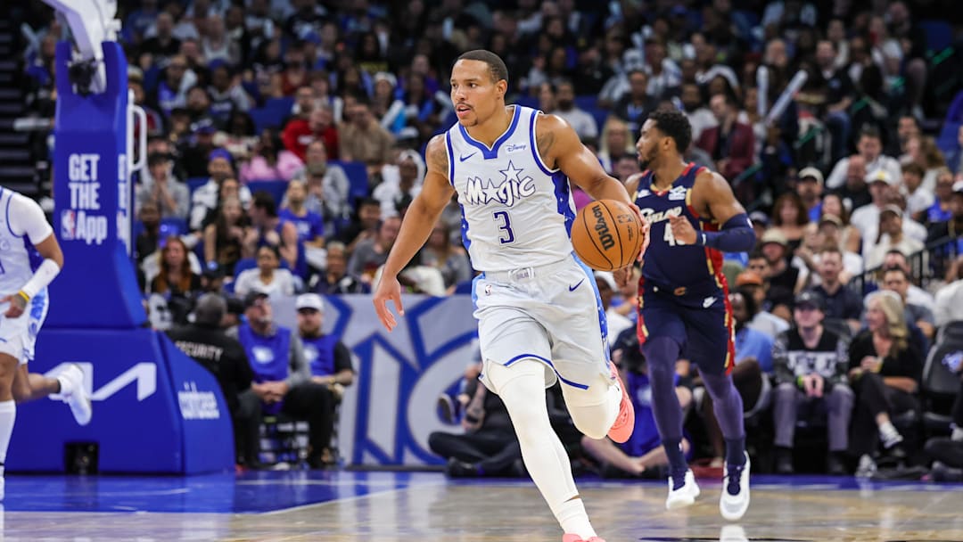 Mar 11, 2026; Orlando, Florida, USA; Orlando Magic guard Desmond Bane (3) brings the ball up court during the second quarter against the Cleveland Cavaliers at Kia Center. Mandatory Credit: Mike Watters-Imagn Images