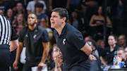 Feb 5, 2025; Orlando, Florida, USA; Cincinnati Bearcats head coach Wes Miller reacts during the first half against the UCF Knights at Addition Financial Arena. Mandatory Credit: Mike Watters-Imagn Images