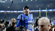 Jan 14, 2024; Detroit, Michigan, USA; Detroit Lions quarterback Jared Goff (16) celebrates after a win.