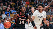 Mar 5, 2025; Orlando, Florida, USA; Oklahoma State Cowboys guard Jamyron Keller (14) drives to the basket in front of UCF Knights guard Dallan Coleman (6) during the first half at Addition Financial Arena. Mandatory Credit: Mike Watters-Imagn Images