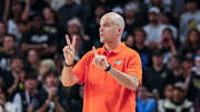 Mar 5, 2025; Orlando, Florida, USA; Oklahoma State Cowboys head coach Steve Lutz motions to the court during the first half against the UCF Knights at Addition Financial Arena. Mandatory Credit: Mike Watters-Imagn Images