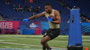 Mar 2, 2024; Indianapolis, IN, USA; Washington running back Dillon Johnson (RB15) during the 2024 NFL Combine at Lucas Oil Stadium. Mandatory Credit: Kirby Lee-USA TODAY Sports
