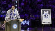 Feb 13, 2024; Orlando, Florida, USA;  Shaquille O'Neal during a post game ceremony where the Orlando Magic retired his #32 jersey at Amway Center. Mandatory Credit: Mike Watters-USA TODAY Sports