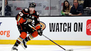 Mar 24, 2024; Anaheim, California, USA; Anaheim Ducks left wing Max Jones (49) skates with the puck during the second period against the Tampa Bay Lightning at Honda Center. Mandatory Credit: Jason Parkhurst-Imagn Images
