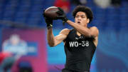 Mar 2, 2024; Indianapolis, IN, USA; Florida State wide receiver Johnny Wilson (WO38) during the 2024 NFL Combine at Lucas Oil Stadium. Mandatory Credit: Kirby Lee-USA TODAY Sports