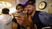 June 12, 2023; Denver, Colorado, USA; Denver Nuggets forward Bruce Brown (11) celebrates with Strahinja Jokic after the Nuggets won the NBA championship by defeating the Miami Heat in game five of the 2023 NBA Finals at Ball Arena.