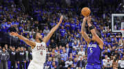 May 3, 2024; Orlando, Florida, USA; Orlando Magic forward Paolo Banchero (5) shoots the ball over