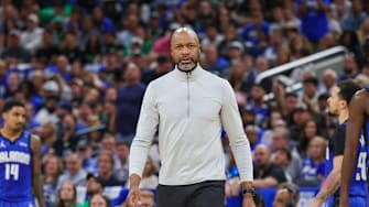 Apr 25, 2025; Orlando, Florida, USA; Orlando Magic head coach Jamahl Mosley walks onto the court during a timeout in the second quarter of game three of first round for the 2024 NBA Playoffs at Kia Center. Mandatory Credit: Mike Watters-Imagn Images