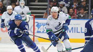 Vancouver Canucks' Keifer Sherwood skates with the puck against the Toronto Maple Leafs.