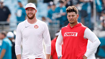 Patrick Mahomes stood next to his backup QB Carson Wentz before the team's first preseason game in Jacksonville on Saturday