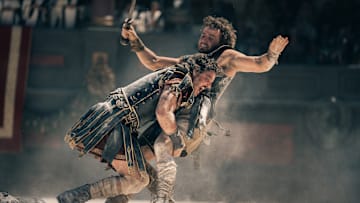 Pedro Pascal plays General Acacius and Paul Mescal plays Lucius in Gladiator II from Paramount Pictures. © 2024 Paramount Pictures.