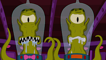 THE SIMPSONS: The Simpsons board the wrong ride on a trip to "Dizzneeland" and are transported through the galaxy to Kang and Kodos' home planet in the second part of the all-new "The Saga of Carl Carlson/The Man Who Came to be Dinner" one-hour season finale episode of THE SIMPSONS airing Sunday, May 19 (8:00-9:00 PM ET/PT) on FOX. THE SIMPSONS ª and © 2013 TCFFC ALL RIGHTS RESERVED.