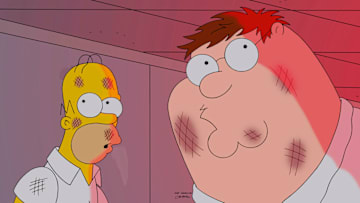 FAMILY GUY: Peter and Homer get into new kinds of trouble in the season premiere ÒThe Simpsons GuyÓ episode of FAMILY GUY airing Sunday, September 28 (9:00-10:00 PM ET/PT) on FOX. FAMILY GUY/THE SIMPSONS ª and © 2014 TCFFC ALL RIGHTS RESERVED.