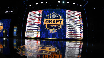 Jun 28, 2023; Nashville, Tennessee, USA; The draft board after round one of the 2023 NHL Draft at