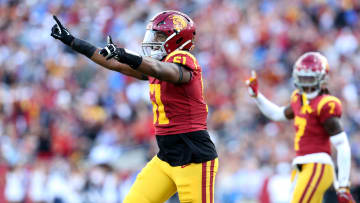 Nov 18, 2023; Los Angeles, California, USA; USC Trojans defensive end Solomon Byrd (51) celebrates after a missed field goal during the second quarter against the UCLA Bruins at United Airlines Field at Los Angeles Memorial Coliseum. Mandatory Credit: Jason Parkhurst-USA TODAY Sports