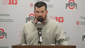 Dec 3, 2023; Columbus, Ohio, USA; Ohio State University footbal coach Ryan Day looks dejected as he