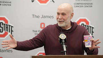 It was all smiles for Ohio State football defensive coordinator Jim Knowles as he spoke with the media Tuesday, January 14, 2025 in the Woody Hayes Athletic Facility.