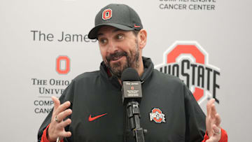 Ohio State Football defensive coordinator Matt Patricia gestures during an April 7, 2025 news conference at the Woody Hayes Athletic Center.