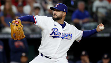Oct 19, 2023; Arlington, Texas, USA; Texas Rangers pitcher Martin Perez (54) throws during the eighth inning in game four of the ALCS against the Houston Astros for the 2023 MLB playoffs at Globe Life Field.