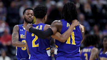 Mar 21, 2024; Salt Lake City, UT, USA; McNeese State Cowboys guard DJ Richards Jr. (2) and forward CJ Felder (11) react during the second half in the first round of the 2024 NCAA Tournament against the Gonzaga Bulldogs at Vivint Smart Home Arena-Delta Center. Mandatory Credit: Rob Gray-Imagn Images