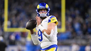 Jan 14, 2024; Detroit, Michigan, USA; Los Angeles Rams quarterback Matthew Stafford (9) warms up