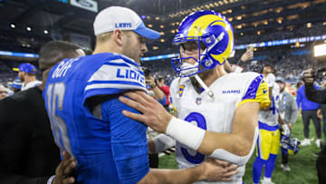 Jan 14, 2024; Detroit, Michigan, USA; Detroit Lions quarterback Jared Goff (16) and Los Angeles Rams quarterback Matthew Stafford (9) greet each other after a 2024 NFC wild card game at Ford Field. Mandatory Credit: David Reginek-Imagn Images