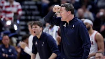 Mar 23, 2024; Salt Lake City, UT, USA; Arizona Wildcats head coach Tommy Lloyd during the second half in the second round of the 2024 NCAA Tournament against the Dayton Flyers at Vivint Smart Home Arena-Delta Center. Mandatory Credit: Rob Gray-Imagn Images