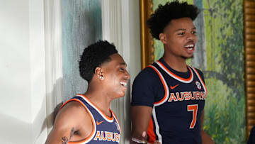 Oct 15, 2025; Birmingham, Alabama, USA; Auburn players Tahaad Pettiford and Keyshawn Hall joke in the hallway as they wait for their interview session at SEC Media Day in the Grand Bohemian Hotel.