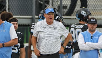 Nov 2, 2024; Orlando, Florida, USA; UCF Knights head coach Gus Malzahn looks on during the second half against the Arizona Wildcats at FBC Mortgage Stadium. Mandatory Credit: Mike Watters-Imagn Images