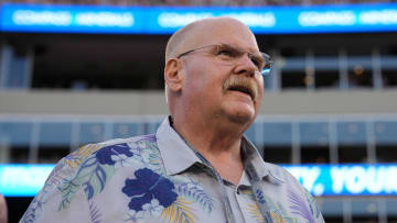 Apr 13, 2024; Kansas City, Kansas, USA; Kansas City Chiefs head coach Andy Reid before a match between Inter Miami CF and Sporting Kansas City at Children's Mercy Park. Mandatory Credit: Jay Biggerstaff-USA TODAY Sports