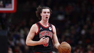 Nov 22, 2024; Chicago, Illinois, USA; Chicago Bulls guard Josh Giddey (3) brings the ball up court against the Atlanta Hawks during the first half at United Center.