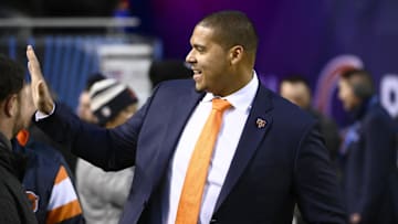 Oct 13, 2022; Chicago, Illinois, USA;  Chicago Bears General Manager Ryan Poles before a game against the Washington Commanders at Soldier Field. Mandatory Credit: Matt Marton-Imagn Images