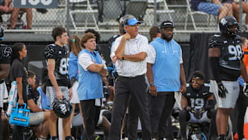 Nov 2, 2024; Orlando, Florida, USA; UCF Knights head coach Gus Malzahn looks on during the second half against the Arizona Wildcats at FBC Mortgage Stadium. Mandatory Credit: Mike Watters-Imagn Images