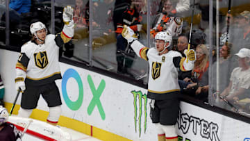 Nov 5, 2023; Anaheim, California, USA; Vegas Golden Knights center Jack Eichel (9) celebrates a goal with center William Karlsson (71) during the second period against the Anaheim Ducks at Honda Center. Mandatory Credit: Jason Parkhurst-Imagn Images