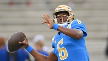 Sep 17, 2022; Pasadena, California, USA;  UCLA Bruins quarterback Justyn Martin (6) warms up before the game against the South Alabama Jaguars at the Rose Bowl. Mandatory Credit: Jayne Kamin-Oncea-USA TODAY Sports