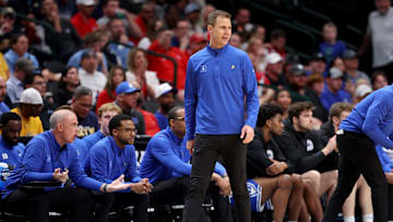 Mar 29, 2024; Dallas, TX, USA; Duke Blue Devils head coach Jon Scheyer during the first half in the semifinals of the South Regional of the 2024 NCAA Tournament against the Houston Cougars at American Airlines Center. Mandatory Credit: Kevin Jairaj-Imagn Images 