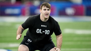 Mar 5, 2023; Indianapolis, IN, USA; Mississippi offensive lineman Nick Broeker (OL10) during the NFL Scouting Combine at Lucas Oil Stadium. Mandatory Credit: Kirby Lee-Imagn Images