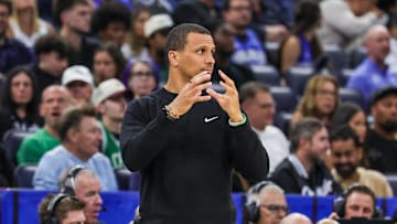 Apr 9, 2025; Orlando, Florida, USA; Boston Celtics head coach Joe Mazzulla motions to the court during the second quarter against the Orlando Magic at Kia Center. Mandatory Credit: Mike Watters-Imagn Images