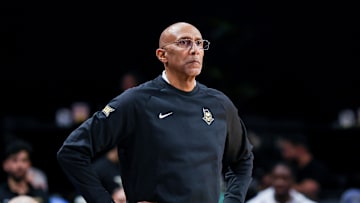 Jan 5, 2025; Orlando, Florida, USA; UCF Knights head coach Johnny Dawkins looks on during the first half against the Kansas Jayhawks at Addition Financial Arena. Mandatory Credit: Mike Watters-Imagn Images