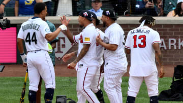 Jul 10, 2023; Seattle, Washington, USA; Seattle Mariners center fielder Julio Rodriguez (44) is congratulated after round 1 of the All-Star Home Run Derby at T-Mobile Park. Mandatory Credit: Steven Bisig-USA TODAY Sports