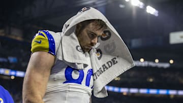 Jan 14, 2024; Detroit, Michigan, USA; Los Angeles Rams tight end Tyler Higbee (89) leaves the field after losing a 2024 NFC wild card game against the Detroit Lions at Ford Field. Mandatory Credit: David Reginek-Imagn Images