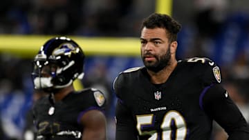 Nov 16, 2023; Baltimore, Maryland, USA; Baltimore Ravens linebacker Kyle Van Noy (50) warms up