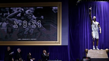 Feb 8, 2024; Los Angeles, CA, USA; A statue for former Los Angeles Lakers guard Kobe Bryant is unveiled during a ceremony at Star Plaza outside of Crypto.com ArenaMandatory Credit: Jason Parkhurst-Imagn Images